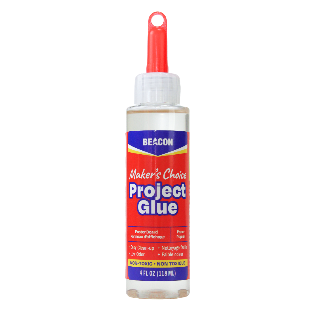 A 4oz bottle of Beacon Maker's Choice Project Glue with a red cap and a red, white, and blue label, shown on a plain white background. This product label mentions it works on Poster board and paper. It is also Low Odor and easy to clean. 