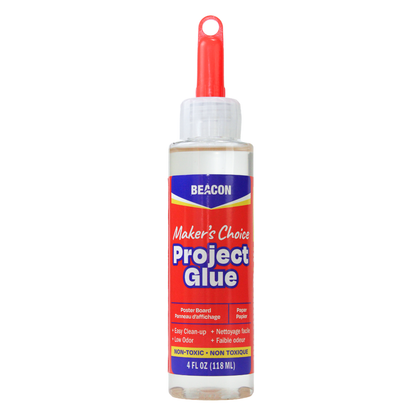A 4oz bottle of Beacon Maker's Choice Project Glue with a red cap and a red, white, and blue label, shown on a plain white background. This product label mentions it works on Poster board and paper. It is also Low Odor and easy to clean. 